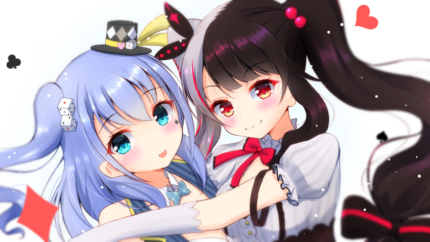 2girls :3 :d bangs black_hair black_headwear blue_eyes blue_hair blue_neckwear blush bow bowtie closed_mouth club_(shape) commentary_request diamond_(shape) dice_hair_ornament elbow_gloves eyebrows_visible_through_hair facial_mark gloves hair_between_eyes hair_bobbles hair_ornament hair_ribbon hat heart highres mini_hat mini_top_hat multicolored_hair multiple_girls nijisanji open_mouth plaid_neckwear puffy_short_sleeves puffy_sleeves red_bow red_eyes redhead ribbon shirt short_sleeves silver_hair simple_background smile spade_(shape) streaked_hair tilted_headwear top_hat two-tone_hair two_side_up upper_body virtual_youtuber white_background white_gloves white_shirt ymd_(holudoun) yorumi_rena yuuki_chihiro