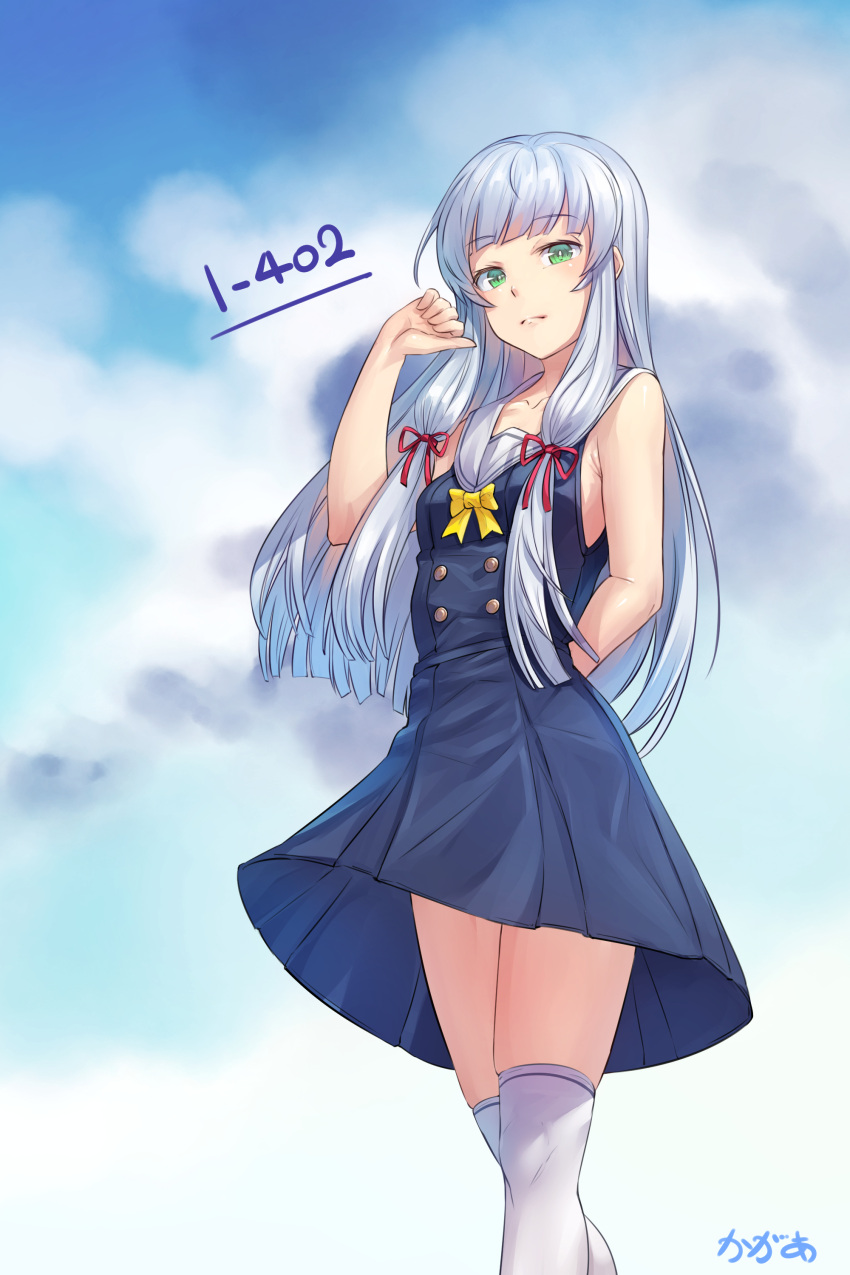 1girl absurdres aoki_hagane_no_arpeggio arm_behind_back blue_hair blush breasts character_name closed_mouth clouds collarbone commentary_request day dress eyebrows_visible_through_hair green_eyes highres i-402_(aoki_hagane_no_arpeggio) long_hair looking_at_viewer nanjyolno number outdoors over-kneehighs pleated_dress sailor_dress sky sleeveless sleeveless_dress small_breasts solo standing thigh-highs very_long_hair white_legwear