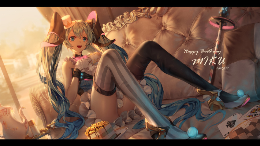 1girl :d bangs bare_shoulders black_footwear black_legwear blue_eyes blue_hair blue_vest blurry blurry_background breasts cake card character_name club_(shape) commentary_request couch cup dated depth_of_field eyebrows_visible_through_hair food gloves hair_between_eyes hair_ornament hand_up happy_birthday hat hatsune_miku highres holding holding_cup indoors ji_dao_ji knees_up letterboxed long_hair microphone mini_hat mini_top_hat mismatched_footwear mismatched_legwear on_couch open_mouth pillow playing_card saucer shirt shoes sitting slice_of_cake small_breasts smile solo spade_(shape) striped striped_legwear teapot thigh-highs tilted_headwear top_hat twintails vertical-striped_legwear vertical_stripes very_long_hair vest vocaloid white_footwear white_gloves white_headwear white_shirt