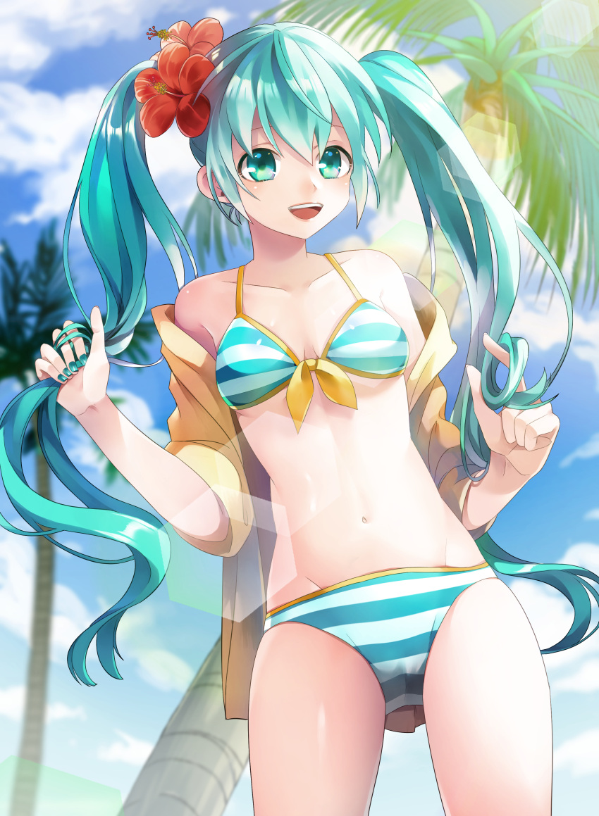 1girl absurdres aqua_hair bikini breasts clouds cowboy_shot crypton_future_media cute flower green_eyes hair_flower hair_ornament hair_tousle hatsune_miku highres long_hair nail_polish off_shoulder open_mouth outdoors parted_lips q-chiang sky small_breasts solo striped striped_bikini summer swimsuit tree twintails upper_teeth very_long_hair vocaloid yamaha_(company)