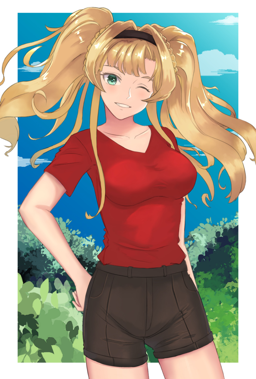 1girl black_shorts blonde_hair blue_eyes blue_sky blush border breasts casual collarbone contemporary day forest granblue_fantasy grin hand_on_hip head_tilt highres large_breasts lazycoffee_(wyen_iscordo) long_hair looking_at_viewer nature one_eye_closed red_shirt shirt shorts sky smile solo twintails white_border zeta_(granblue_fantasy)