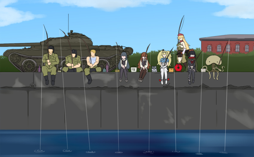 3boys 5girls ak47_(girls_frontline) bikini_top blonde_hair bottle bucket character_request commentary_request crossed_legs dog faceless fishing gambier_bay_(kantai_collection) girls_frontline ground_vehicle kantai_collection long_hair mars_people metal_slug military military_vehicle motor_vehicle multiple_boys multiple_girls scarf shirt sky sleeveless striped striped_shirt takiyama_(maze-724) tank