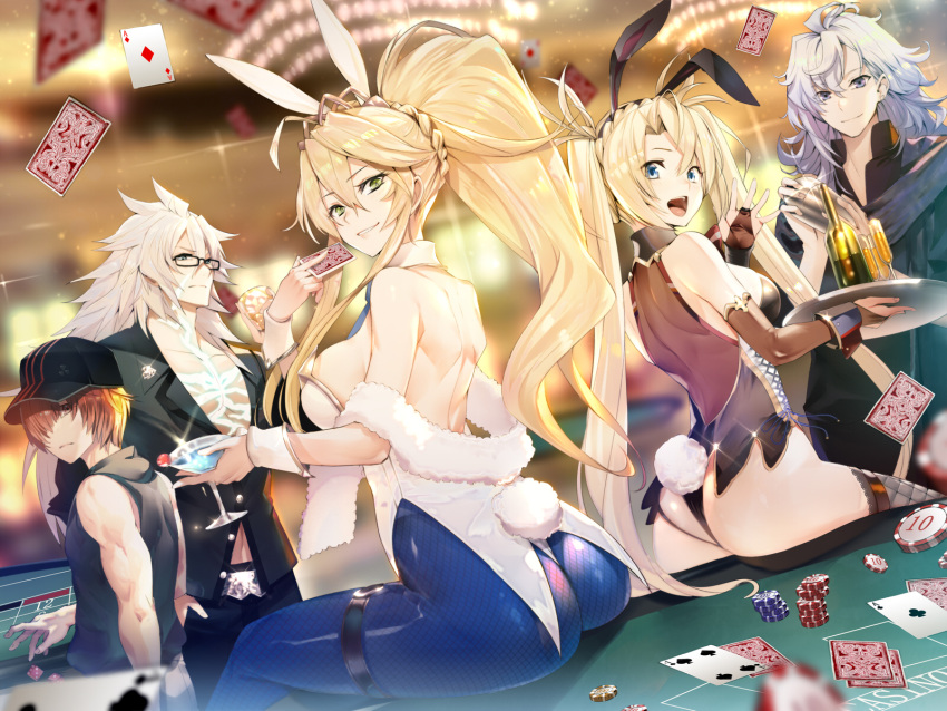 2girls 3boys alcohol animal_ears artoria_pendragon_(all) artoria_pendragon_(swimsuit_ruler)_(fate) ass blonde_hair blue_eyes bradamante_(fate/grand_order) braid bridal_gauntlets brown_eyes bunny_tail bunnysuit card casual chandelier cocktail_glass commentary_request cup dice drinking_glass fake_animal_ears fate/grand_order fate_(series) fishnet_legwear fishnets fuuma_kotarou_(fate/grand_order) glasses green_eyes grey_hair hat highres long_hair merlin_prismriver multiple_boys multiple_girls poker_chip poker_table ponytail redhead siegfried_(fate) spiky_hair tail teddy_(khanshin) tray twintails very_long_hair