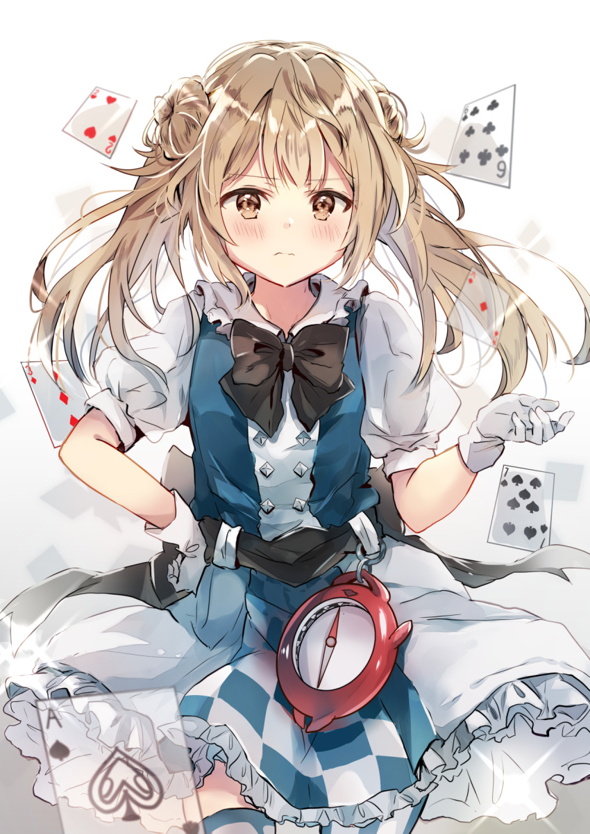 1girl alternate_costume bangs belt black_neckwear blue_neckwear blush bow bowtie buttons card closed_mouth commentary_request compass double_bun dress enemy_lifebuoy_(kantai_collection) eyebrows_visible_through_hair frilled_skirt frills gloves hand_on_hip highres kantai_collection light_brown_hair looking_at_viewer michishio_(kantai_collection) nanahamu open_mouth puffy_short_sleeves puffy_sleeves shinkaisei-kan short_sleeves short_twintails simple_background skirt solo standing thigh-highs twintails white_background white_gloves yellow_eyes