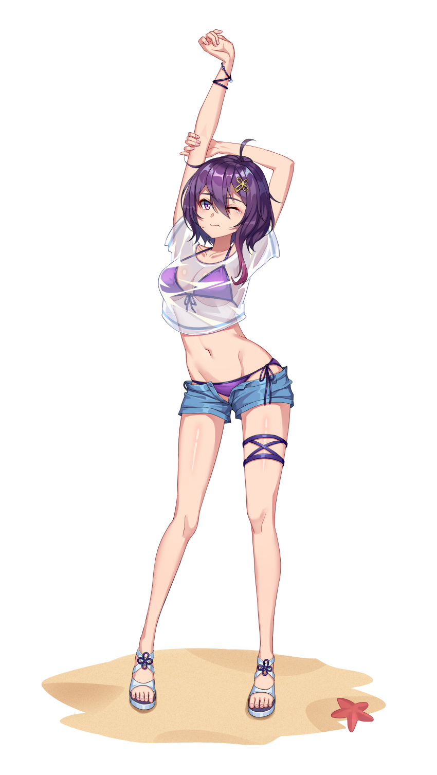 1girl absurdres ahoge arms_up bangs bare_legs bikini bikini_under_clothes blue_footwear breasts chinese_commentary commentary_request crop_top denim denim_shorts du_mogu eyebrows_visible_through_hair front-tie_bikini front-tie_top full_body groin hair_between_eyes hair_ornament highres looking_at_viewer medium_breasts midriff navel one_eye_closed open_fly original purple_bikini purple_hair sandals see-through shirt short_hair short_shorts shorts side-tie_bikini simple_background solo standing starfish stomach swimsuit tears thigh_strap thighs violet_eyes wavy_mouth white_background white_shirt