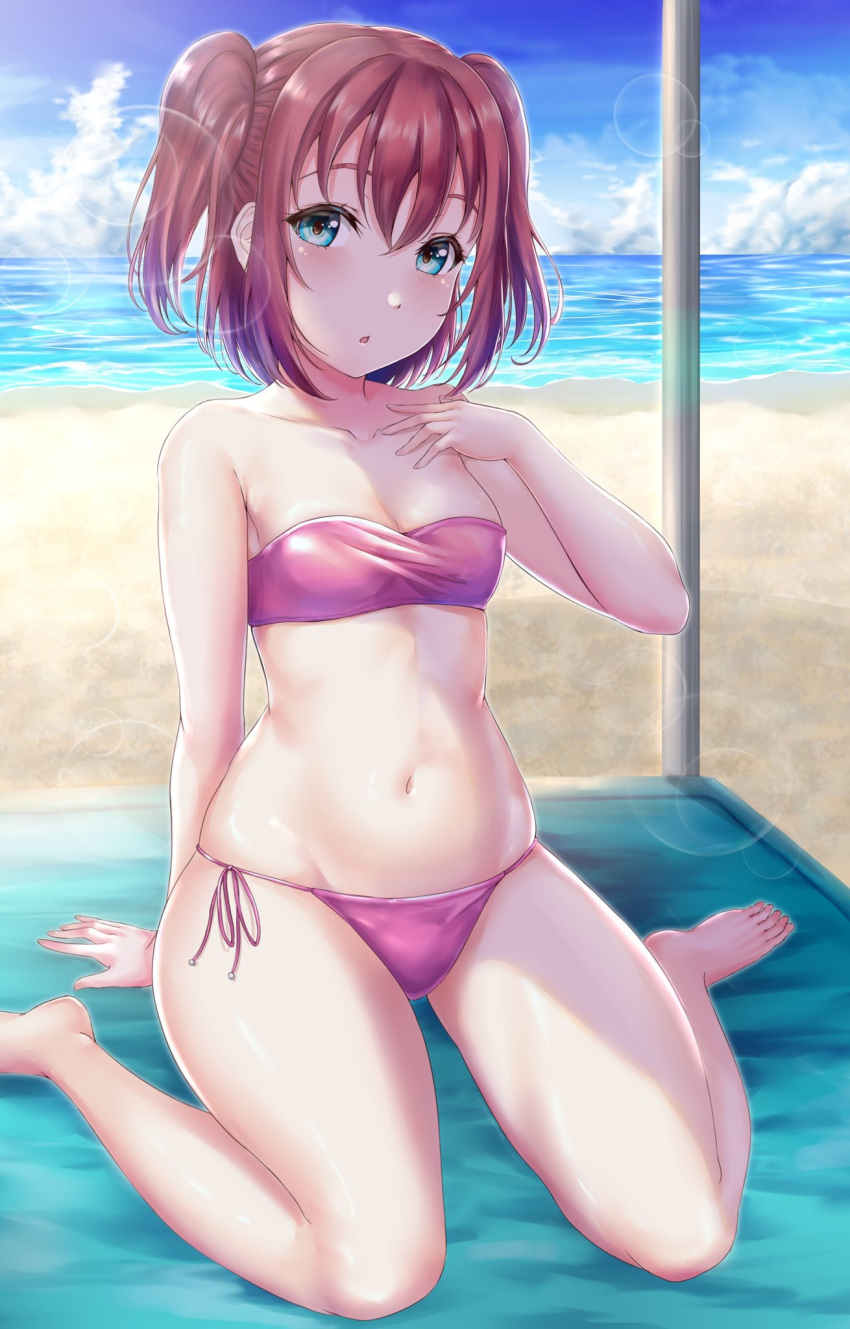 1girl aqua_eyes arm_support ascii_media_works bandeau bangs bare_arms bare_legs bare_shoulders barefoot beach beach_towel beach_umbrella bikini blue_sky breasts bushiroad chubby clouds collarbone cute day groin hair_between_eyes hand_on_own_chest hand_up highres kurosawa_ruby lens_flare long_hair looking_at_viewer love_live! love_live!_sunshine!! moe navel ocean outdoors parted_lips pink_bikini rama_(yu-light8) redhead sand shiny shiny_hair shiny_skin side-tie_bikini sidelocks sitting sky small_breasts solo stomach strapless strapless_bikini summer sunrise_(studio) swimsuit thighs towel two_side_up umbrella wariza