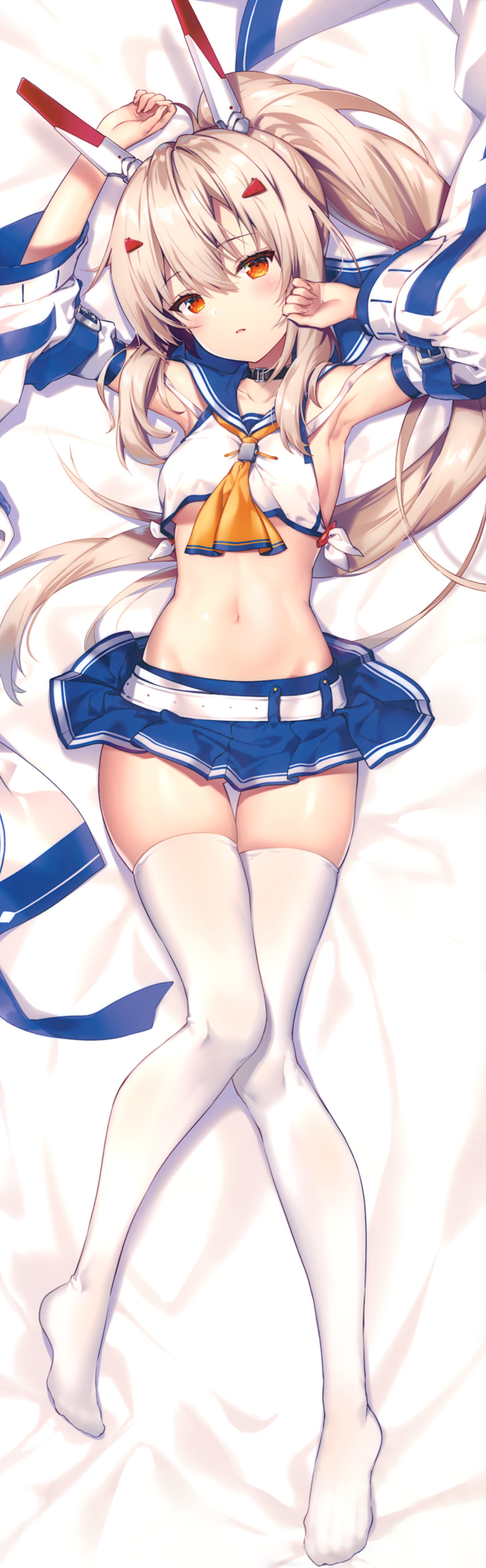 1girl absurdres ass_visible_through_thighs ayanami_(azur_lane) azur_lane bangs bed_sheet belt blonde_hair blush breasts collar dakimakura fingernails full_body hands_up highres huge_filesize long_hair looking_at_viewer lying midriff miniskirt navel on_back parted_lips ponytail red_eyes riichu sailor_collar scan school_uniform shiny shiny_hair shiny_skin sideboob skindentation skirt small_breasts solo thigh-highs thigh_gap white_background white_legwear zettai_ryouiki