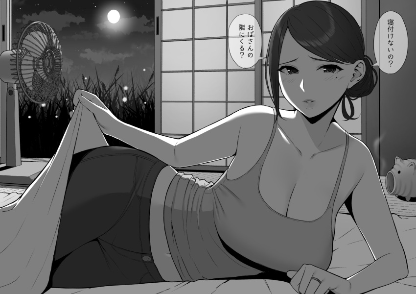 1girl bare_shoulders blush breasts electric_fan full_moon greyscale grin gyouza_teishoku jewelry kayari_buta large_breasts looking_at_viewer lying mature mole mole_under_eye monochrome moon navel night on_side original ring smile solo tank_top translated wedding_band