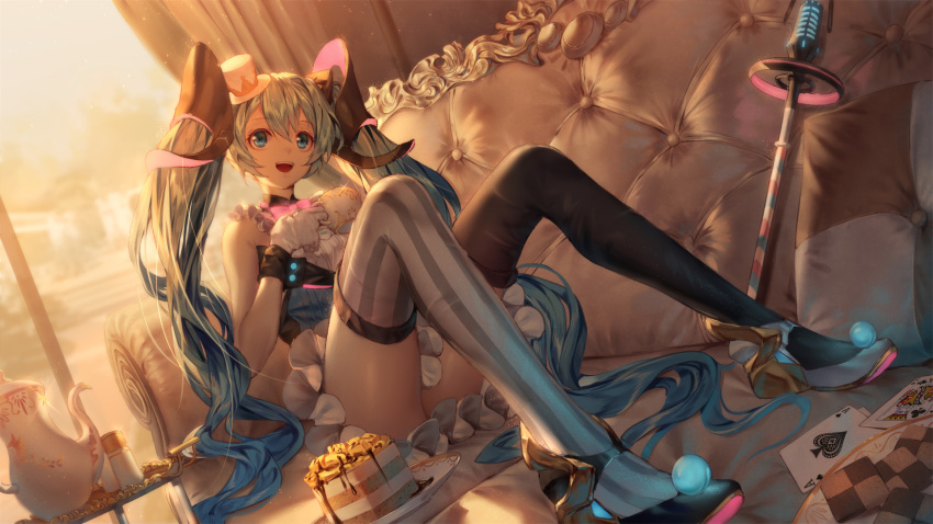 1girl :d black_legwear card couch dutch_angle gloves hair_between_eyes hat hatsune_miku highres indoors ji_dao_ji long_hair looking_at_viewer microphone mini_hat mini_top_hat mismatched_legwear open_mouth playing_card sitting smile solo striped striped_legwear sunset teapot thigh-highs top_hat twintails vertical-striped_legwear vertical_stripes very_long_hair vocaloid window