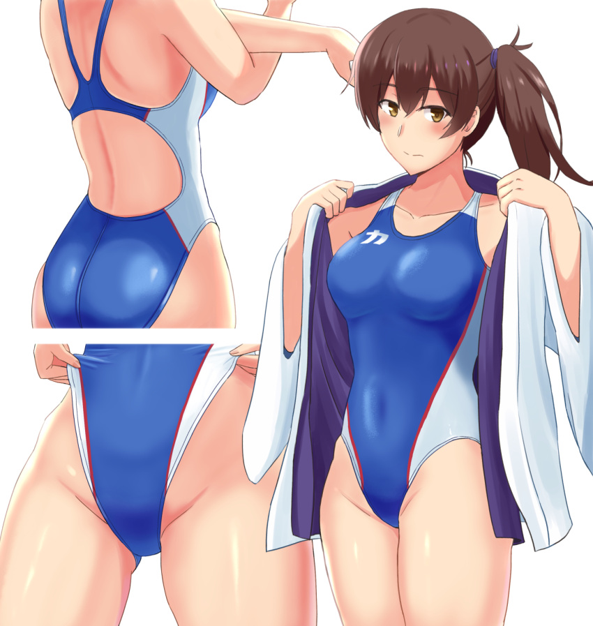 1girl adjusting_clothes adjusting_swimsuit ass blue_swimsuit blush breasts brown_eyes brown_hair collarbone competition_swimsuit covered_navel cowboy_shot crossed_arms exercise eyebrows_visible_through_hair hair_between_eyes highleg highleg_swimsuit highres jacket kaga_(kantai_collection) kantai_collection long_hair long_sleeves looking_at_viewer mayomaru1 medium_breasts one-piece_swimsuit open_clothes open_jacket short_hair side_ponytail simple_background solo swimsuit swimsuit_under_clothes thighs track_jacket undressing white_background white_jacket