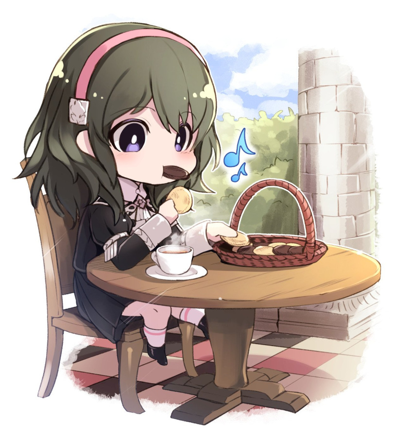 1girl blue_eyes blue_hair byleth_(fire_emblem) byleth_eisner_(female) chair chibi cookie cup eating fire_emblem fire_emblem:_three_houses food hairband highres holding long_sleeves medium_hair nakabayashi_zun pink_hairband sitting solo table teacup uniform