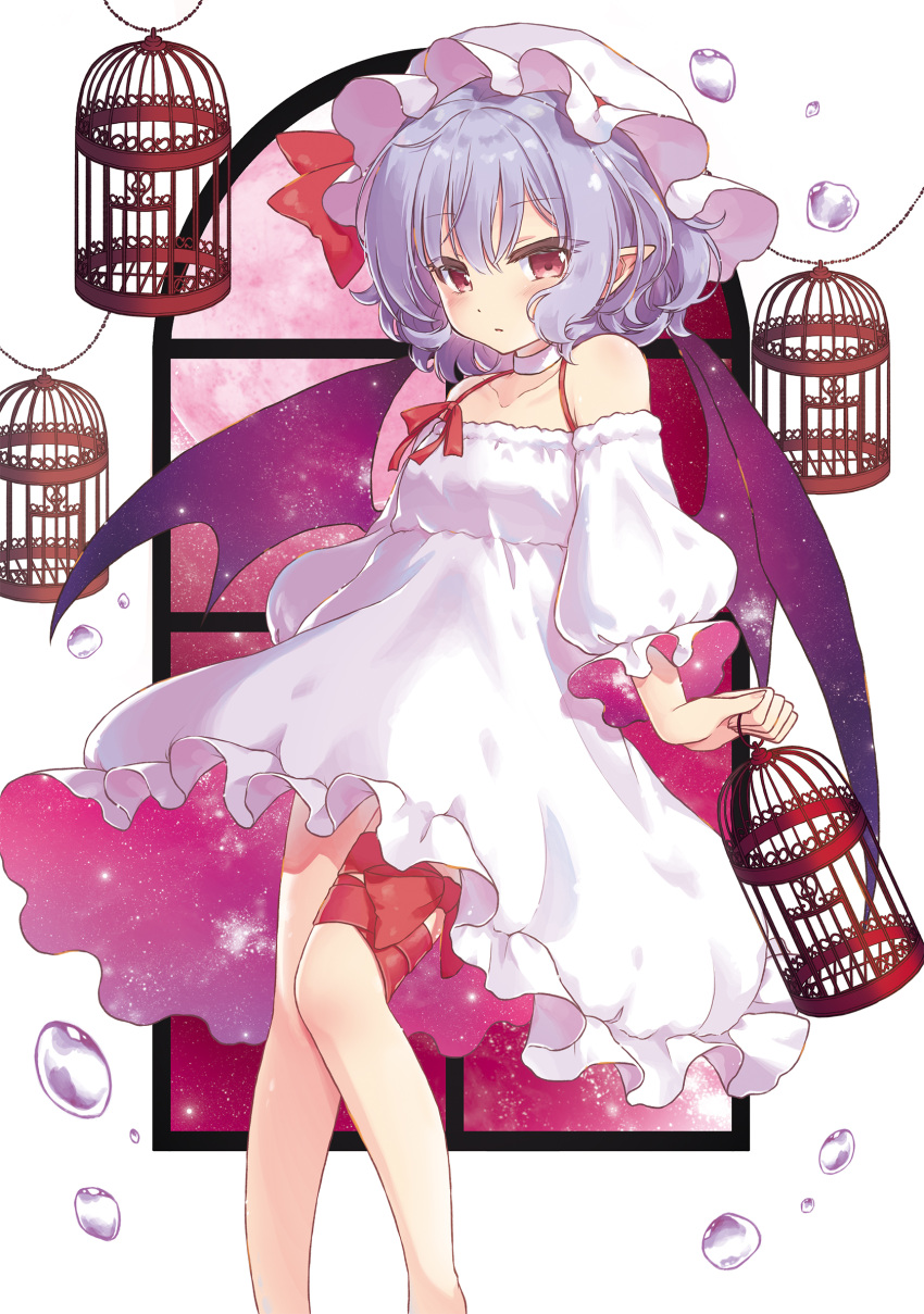 1girl alternate_costume bangs bare_shoulders bat_wings beni_kurage birdcage blue_hair blush bow cage choker commentary_request dress eyebrows_visible_through_hair feet_out_of_frame hair_between_eyes hat hat_bow highres holding leg_ribbon long_sleeves looking_at_viewer mob_cap moon off-shoulder_dress off_shoulder pointy_ears puffy_sleeves red_bow red_eyes red_ribbon remilia_scarlet ribbon short_hair solo spaghetti_strap standing touhou water_drop white_background white_choker white_dress white_headwear window wings