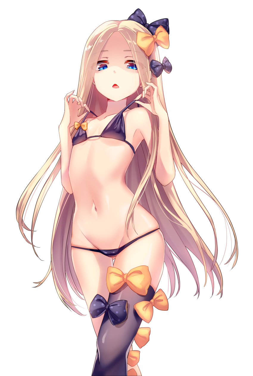 1girl abigail_williams_(fate/grand_order) absurdres bangs bare_shoulders bikini black_bikini black_bow black_legwear blonde_hair blue_eyes bow breasts collarbone fate_(series) forehead hair_bow highres lalazyt long_hair looking_at_viewer navel open_mouth orange_bow parted_bangs polka_dot polka_dot_bow shaded_face simple_background single_thighhigh small_breasts solo strap_pull swimsuit thigh-highs thighs white_background