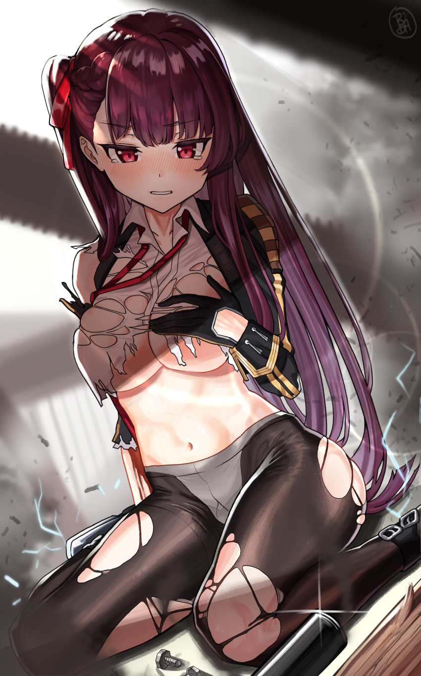 1girl absurdres be_garam black_gloves blush bolt braid breasts brown_legwear collared_shirt covering covering_breasts frown girls_frontline glint gloves hair_ribbon highres huge_filesize jacket large_breasts long_hair long_sleeves looking_at_viewer navel neck_ribbon no_bra nose_blush one_side_up open_clothes open_jacket pantyhose parted_lips purple_hair red_eyes ribbon shirt sitting skindentation solo tearing_up torn_clothes torn_legwear torn_shirt uniform very_long_hair wa2000_(girls_frontline) white_shirt