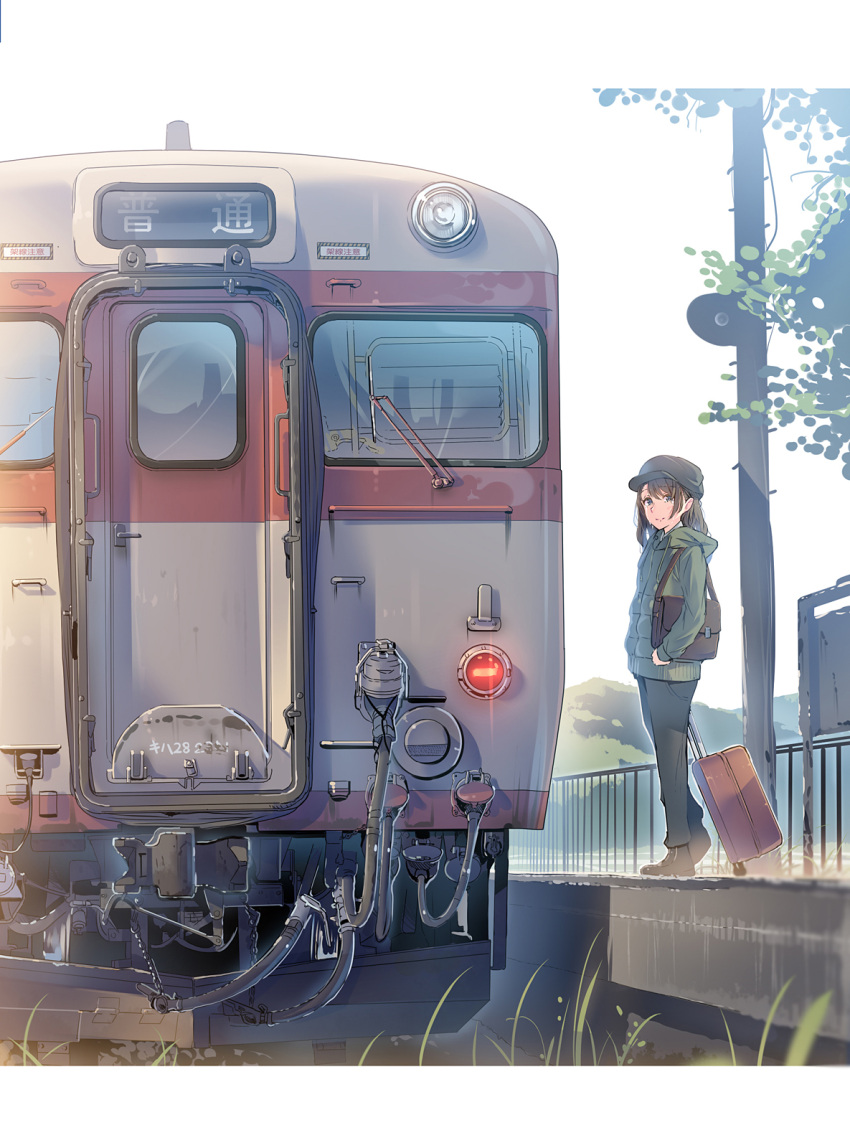 1girl bag brown_eyes brown_hair daito day eyebrows_visible_through_hair ground_vehicle hat highres jacket letterboxed long_hair looking_at_viewer original outdoors smile solo standing suitcase train