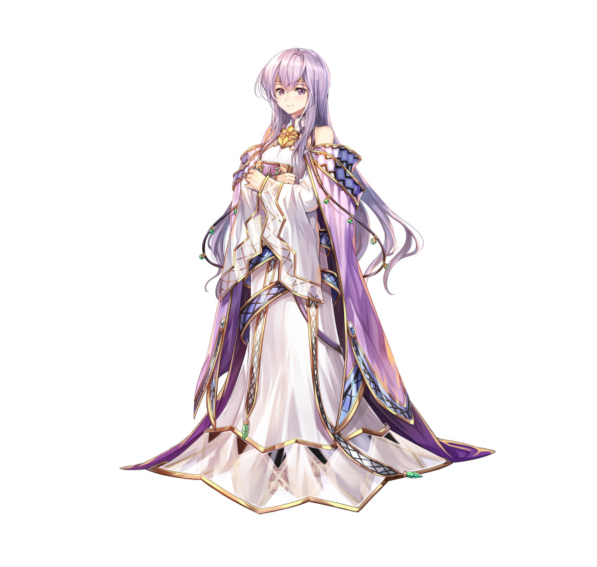 1girl absurdres bangs bare_shoulders book book_hug breasts cape chachie circlet closed_mouth commentary dress fire_emblem fire_emblem:_genealogy_of_the_holy_war fire_emblem_heroes full_body hair_ornament highres holding holding_book jewelry julia_(fire_emblem) light_smile long_dress long_hair long_sleeves looking_at_viewer medium_breasts official_art purple_cape purple_hair sandals see-through shiny shiny_hair simple_background smile solo standing toes turtleneck violet_eyes white_background wide_sleeves