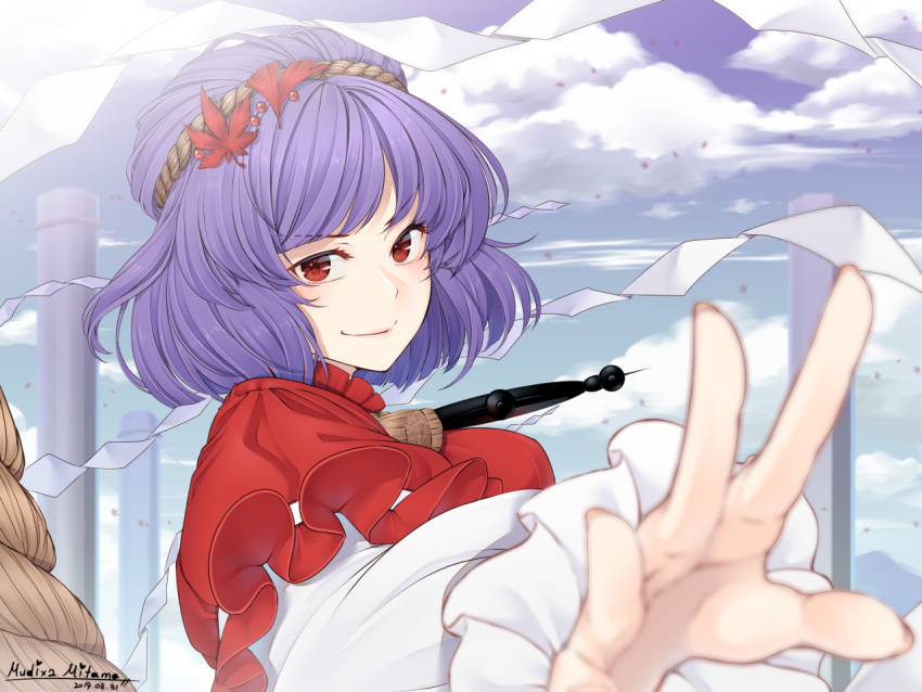1girl artist_name bangs blue_sky clouds commentary_request dated day eyebrows_visible_through_hair foreshortening hair_ornament leaf_hair_ornament long_sleeves looking_at_viewer mudix2 outdoors pillar puffy_short_sleeves puffy_sleeves purple_hair reaching_out red_eyes red_shirt rope shide shimenawa shirt short_hair short_sleeves sky smile solo touhou twitter_username upper_body yasaka_kanako
