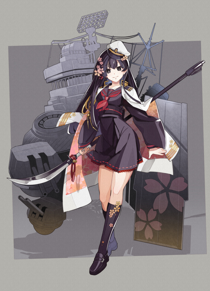 00long_tea 1girl black_eyes black_hair black_legwear black_skirt floral_print flower grey_background hair_flower hair_ornament hairclip hat highres kneehighs long_sleeves military_hat naginata polearm school_uniform serafuku skirt smile solo steelblue_mirage turret uniform weapon