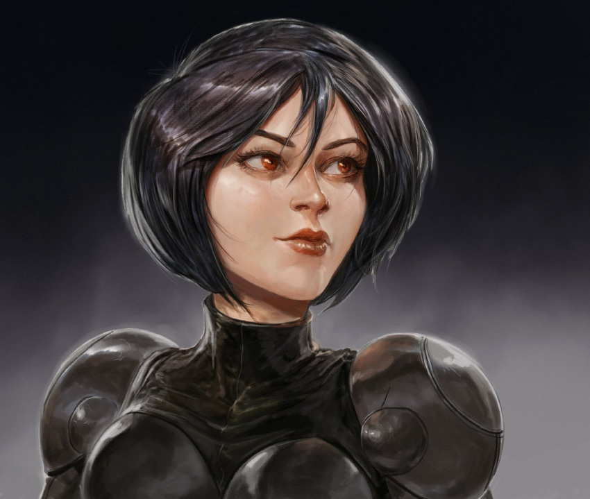 1girl armor black_hair dave_rapoza gally grey_background gunnm hair_between_eyes highres looking_to_the_side portrait red_eyes red_lips shiny short_hair solo