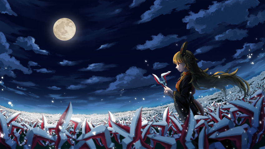 1girl absurdres animal_ears bangs black_dress blonde_hair breasts clouds commentary_request dress floating_hair from_side full_moon headdress highres hikaru_niwatori holding junko_(touhou) light_particles long_hair long_sleeves medium_breasts moon neck_ribbon night night_sky outdoors profile rabbit_ears red_eyes ribbon sky smile solo standing tabard touhou very_long_hair wide_sleeves yellow_neckwear yellow_ribbon