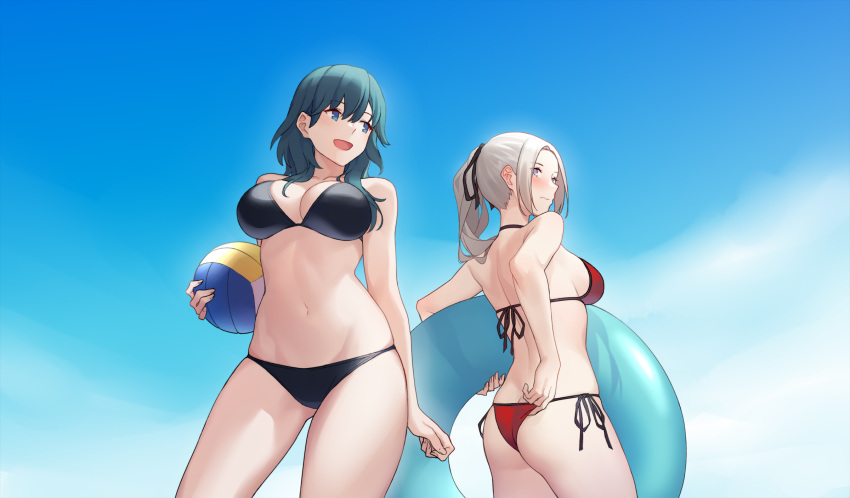 2girls ass bikini blue_eyes blue_hair breasts byleth_(fire_emblem) byleth_eisner_(female) cute edelgard_von_hresvelg female_my_unit_(fire_emblem:_three_houses) fire_emblem fire_emblem:_three_houses fire_emblem:_three_houses fire_emblem_heroes hair_ornament hair_ribbon highres intelligent_systems koei_tecmo long_hair looking_at_viewer multiple_girls my_unit_(fire_emblem:_three_houses) navel nintendo ponytail ribbon short_hair simple_background smile summer swimsuit zjm530280188