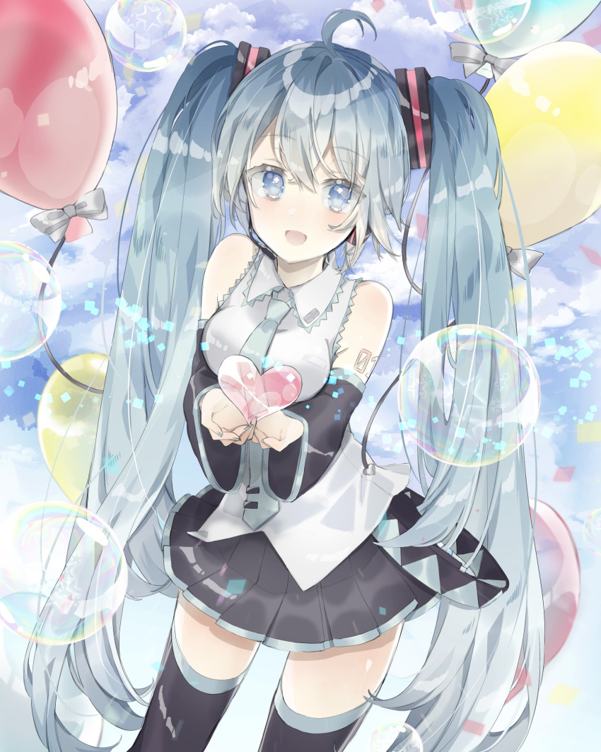 1girl :d balloon bangs bare_shoulders black_legwear black_skirt black_sleeves blue_eyes bow breasts collared_shirt commentary_request detached_sleeves eyebrows_visible_through_hair green_hair green_neckwear grey_bow grey_shirt hair_between_eyes hair_ornament hatsune_miku headphones headset heart highres long_hair long_sleeves medium_breasts necktie open_mouth pleated_skirt shirt sidelocks siho_(ricchil) skirt sleeveless sleeveless_shirt smile solo thigh-highs tie_clip twintails very_long_hair vocaloid wide_sleeves