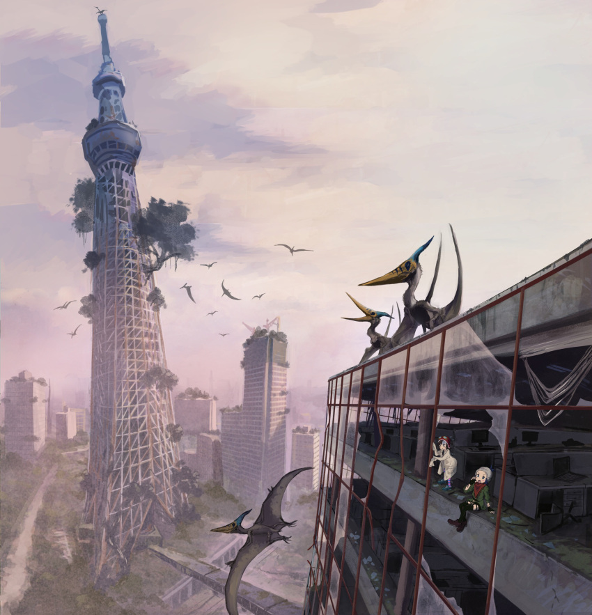 black_legwear building chair city clouds commentary_request computer destruction disaster flying green_headwear green_jacket grey_coat grey_headwear highres jacket kamemaru laptop original overgrown oversized_clothes pteranodon pterosaur ruins scenery sitting sky table thigh-highs tokyo_sky_tree tree