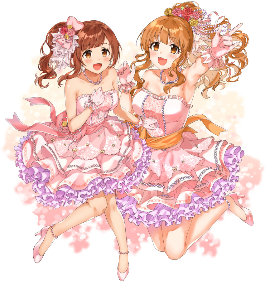 2girls :3 \m/ bangs bare_shoulders blush bow breasts brown_eyes brown_hair collarbone commentary dress eyebrows_visible_through_hair flower frills full_body gloves green_flower hair_bow hair_flower hair_ornament highres idolmaster idolmaster_cinderella_girls idolmaster_cinderella_girls_starlight_stage igarashi_kyouko jewelry large_breasts long_hair looking_at_viewer medium_breasts moroboshi_kirari multiple_girls necklace open_mouth pink_dress pink_flower pink_footwear red_flower shoes sirurabbit white_gloves