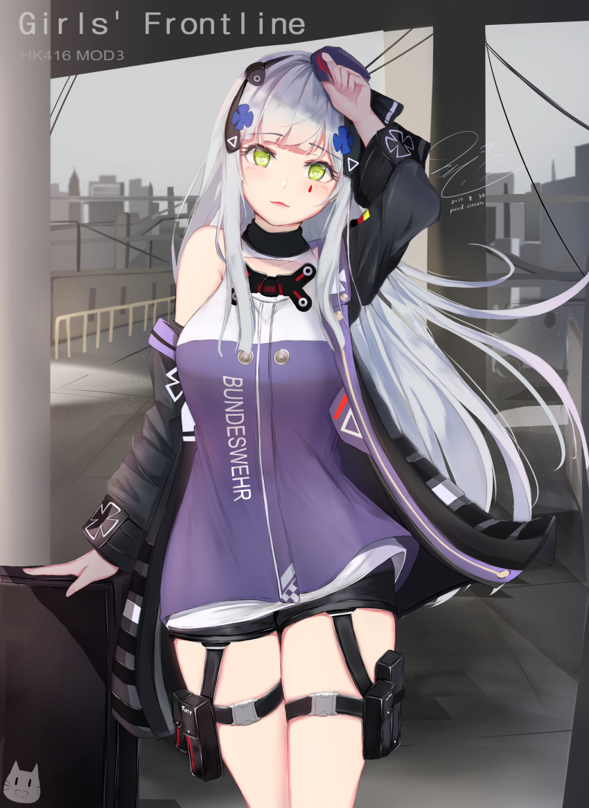 1girl absurdres arm_up bangs black_jacket black_shorts blush breasts character_name closed_mouth clouds cloudy_sky commentary_request copyright_name dated eyebrows_visible_through_hair facial_mark german_flag girls_frontline green_eyes hair_ornament hat head_tilt highres hk416_(girls_frontline) iron_cross jacket long_hair long_sleeves looking_at_viewer medium_breasts mini_hat mod3_(girls_frontline) off_shoulder open_clothes open_jacket outdoors overcast pixiv_id purple_headwear purple_jacket short_shorts shorts signature silver_hair sky sleeveless sleeveless_jacket sleeves_past_wrists solo standing teratsuki tilted_headwear very_long_hair
