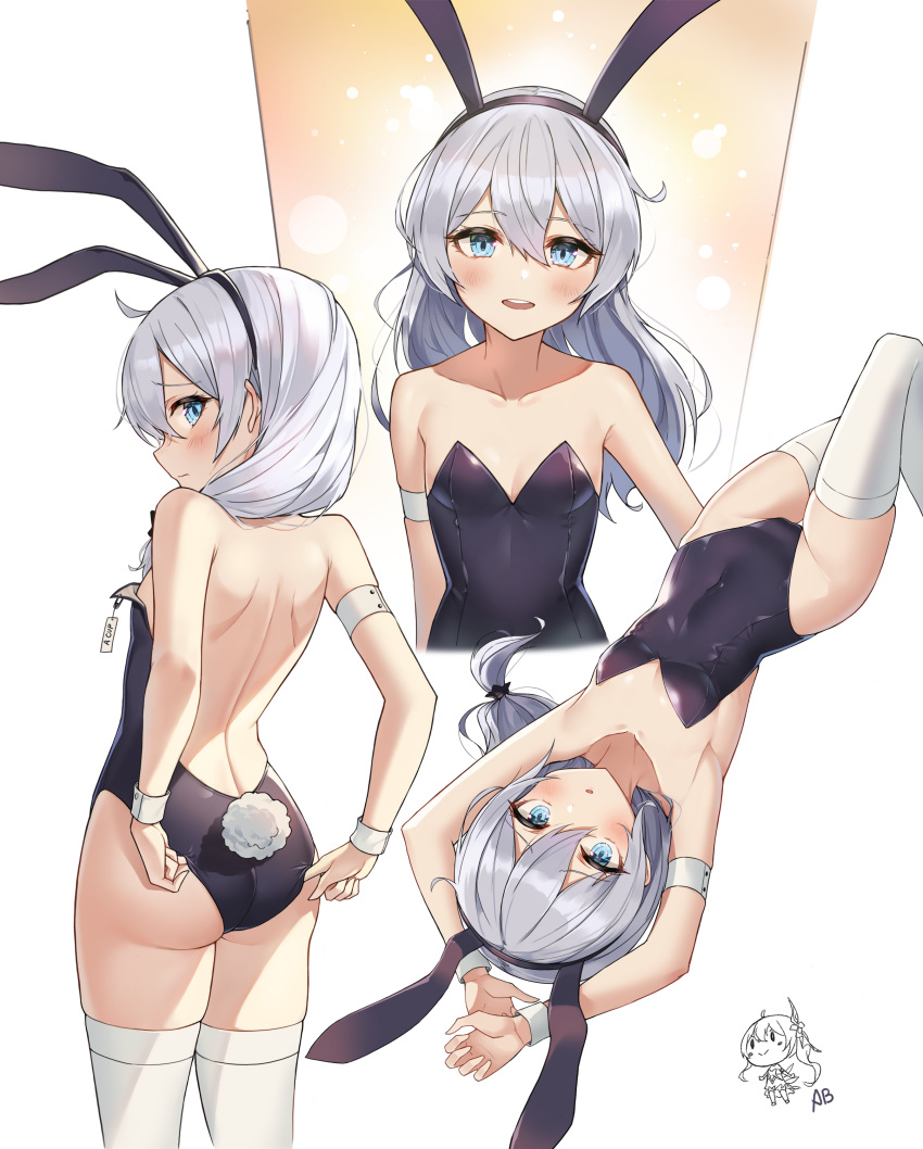 1girl :d absurdres adjusting_clothes aliceblue animal_ears arms_up bangs bare_shoulders black_leotard blue_eyes blush breasts bunny_girl bunny_tail bunnysuit eyebrows_visible_through_hair fake_animal_ears hair_between_eyes hair_over_shoulder highres honkai_(series) honkai_impact_3rd leotard long_hair looking_at_viewer low_ponytail multiple_views open_mouth rabbit_ears sidelocks signature silver_hair simple_background small_breasts smile tail theresa_apocalypse thigh-highs white_background white_legwear wrist_cuffs