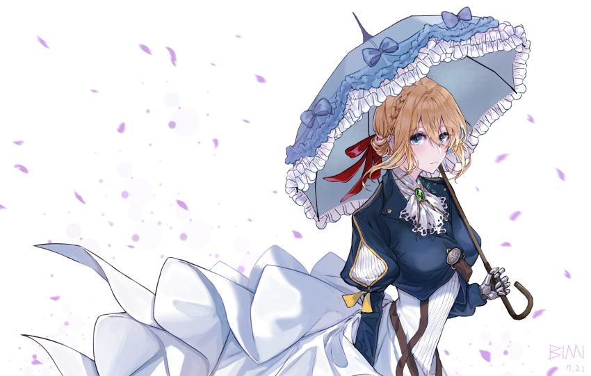 1girl artist_name bangs blonde_hair blue_eyes blue_jacket braid breasts brooch closed_mouth dress eyebrows_visible_through_hair hair_between_eyes hair_ornament hair_ribbon highres holding holding_umbrella jacket jewelry kch22 long_hair long_sleeves looking_at_viewer mechanical mechanical_arm petals puffy_sleeves ribbon simple_background solo standing umbrella violet_evergarden violet_evergarden_(character) white_background white_neckwear