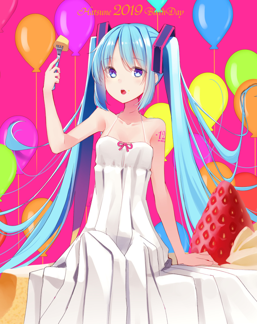 1girl 2019 absurdres balloon bare_arms bare_shoulders blue_eyes blue_hair character_name collarbone commentary_request dress food food_on_face fork fruit hair_ornament hatsune_miku highres holding holding_fork long_hair looking_at_viewer makadamixa open_mouth pink_ribbon pleated_dress purple_background ribbon sidelocks sitting sleeveless sleeveless_dress solo strawberry twintails upper_teeth very_long_hair vocaloid white_dress