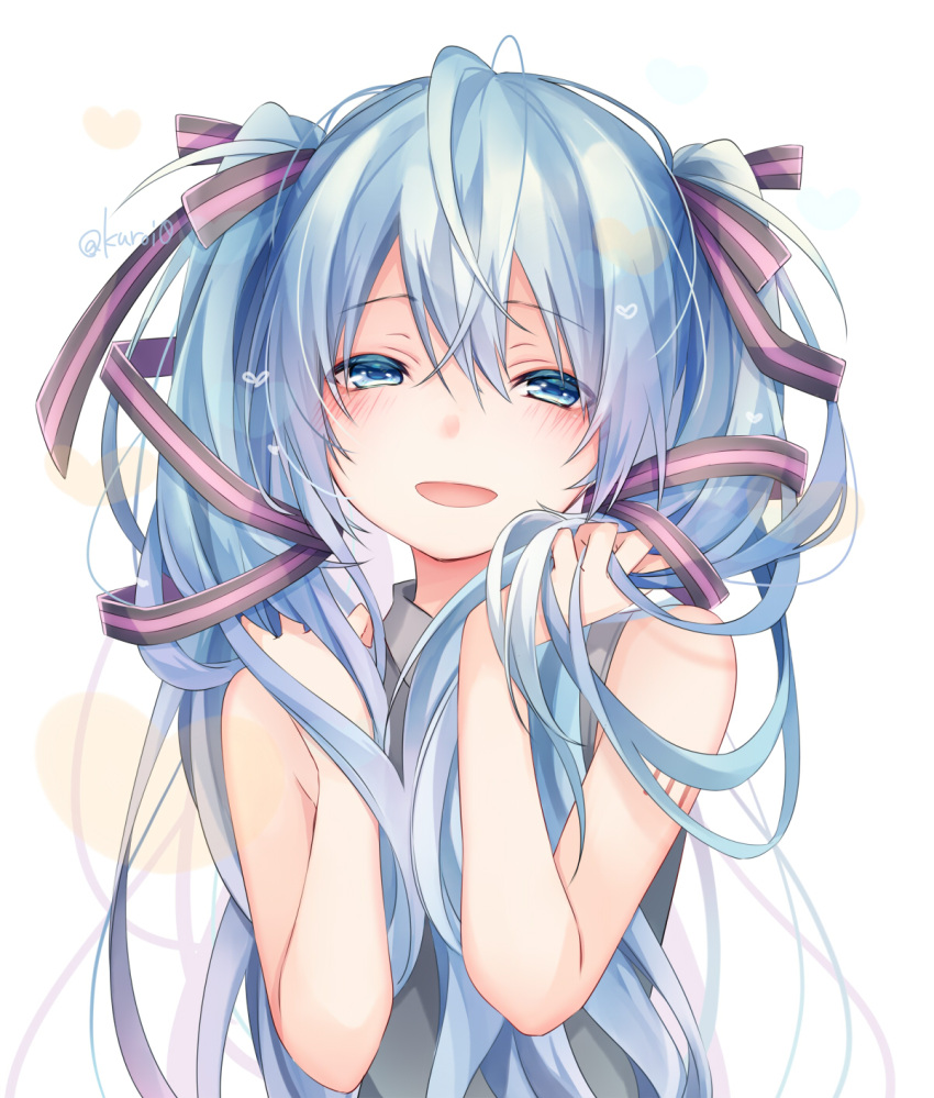 1girl :d bangs bare_arms bare_shoulders black_shirt blue_eyes blue_hair blush collared_shirt commentary_request eyebrows_visible_through_hair hair_between_eyes hair_ribbon half-closed_eyes hands_in_hair hands_up hatsune_miku heart highres kuroi_(liar-player) long_hair looking_at_viewer open_mouth ribbon shirt simple_background sleeveless sleeveless_shirt smile solo striped striped_ribbon twintails twitter_username upper_body very_long_hair vocaloid white_background