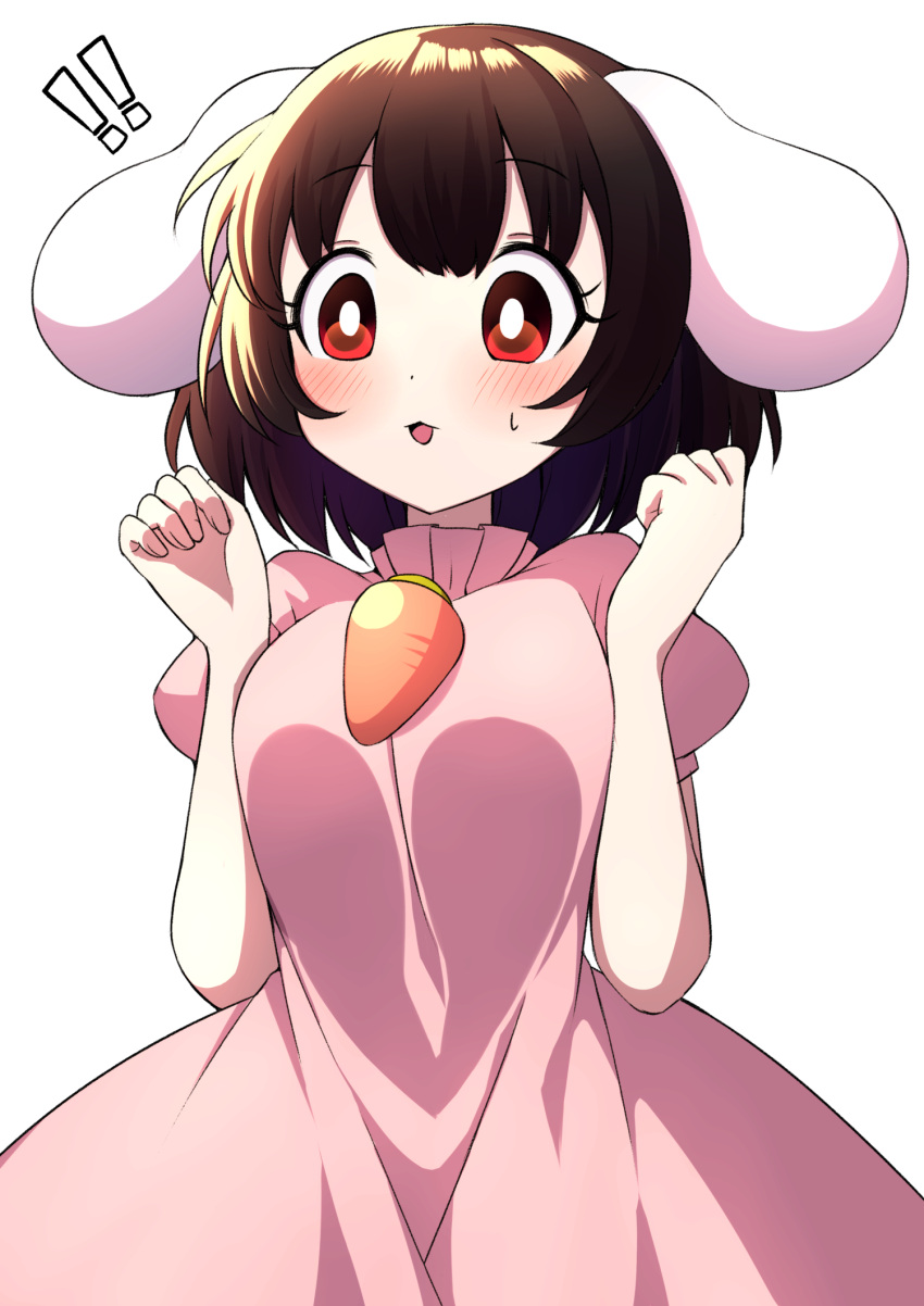 ! 1girl animal_ears bangs bare_arms black_hair blush breasts carrot_necklace commentary_request dress eyebrows_visible_through_hair highres inaba_tewi jumping medium_breasts open_mouth pink_dress puffy_short_sleeves puffy_sleeves rabbit_ears red_eyes short_hair short_sleeves simple_background solo sweatdrop touhou tsukimirin white_background