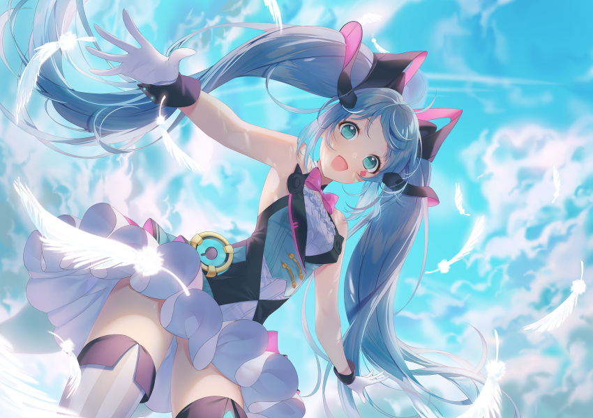 1girl a20_(atsumaru) absurdres aqua_eyes ass_visible_through_thighs blue_hair blue_sky blush bow bowtie breasts clouds commentary_request cowboy_shot day eyebrows_visible_through_hair feathers frills gloves hair_between_eyes hair_ornament hatsune_miku headphones headset highres huge_filesize long_hair looking_at_viewer open_mouth outdoors sky sleeveless small_breasts solo standing thigh-highs thighs twintails very_long_hair vocaloid white_gloves