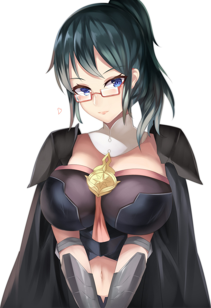 1girl absurdres alternate_hairstyle bespectacled black_cape blue_eyes blue_hair breasts byleth_(fire_emblem) byleth_eisner_(female) cape closed_mouth fire_emblem fire_emblem:_three_houses glasses highres large_breasts navel ponytail red-framed_eyewear simple_background solo tea_texiamato upper_body white_background