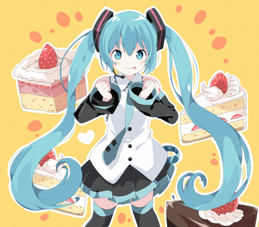 1girl :p bangs bare_shoulders black_legwear black_skirt black_sleeves blue_eyes blue_hair blush cake clenched_hands closed_mouth collared_shirt commentary_request detached_sleeves eyebrows_visible_through_hair food green_neckwear hair_between_eyes hair_ornament hands_up hatsune_miku headset highres long_hair long_sleeves necktie orange_background outline pleated_skirt shirt skirt sleeveless sleeveless_shirt sleeves_past_wrists slice_of_cake smile solo tantan_men_(dragon) thigh-highs tie_clip tongue tongue_out twintails very_long_hair vocaloid white_outline white_shirt