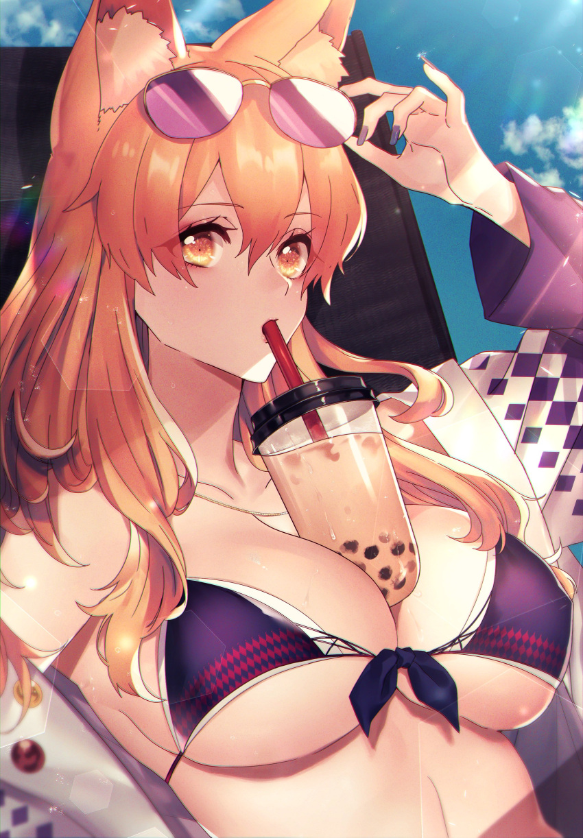 1girl absurdres animal_ears bikini_top breasts bubble_tea bubble_tea_challenge drinking_straw eyewear_on_head fate/grand_order fate_(series) fingernails fox_ears highres large_breasts long_fingernails long_hair moe_(hamhamham) nail_polish orange_eyes orange_hair sunglasses suzuka_gozen_(fate)