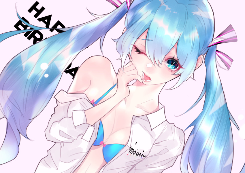 1girl absurdres blue_bra blue_eyes blue_hair bra breasts collarbone eyebrows_visible_through_hair hair_between_eyes hair_ribbon happy_birthday hatsune_miku highres lips long_hair looking_at_viewer mano_aaa medium_breasts off_shoulder one_eye_closed open_clothes open_mouth open_shirt ribbon shirt solo teeth twintails underwear upper_body vocaloid white_shirt