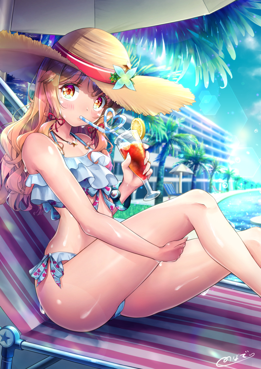 1boy artist_name bangs beach_chair beach_umbrella bikini blurry blush brown_hair building bulge chair collarbone crossdressinging day depth_of_field drink dripping food frilled_bikini frills fruit glass hair_ribbon hand_on_own_thigh hat head_tilt highres holding ice ice_cube knees_up lens_flare long_hair looking_at_viewer lounge_chair nobady o-ring o-ring_top original otoko_no_ko outdoors palm_tree pool poolside ribbon shiny shiny_skin side-tie_bikini signature sitting solo star straw_hat sunlight swimsuit trap tree umbrella