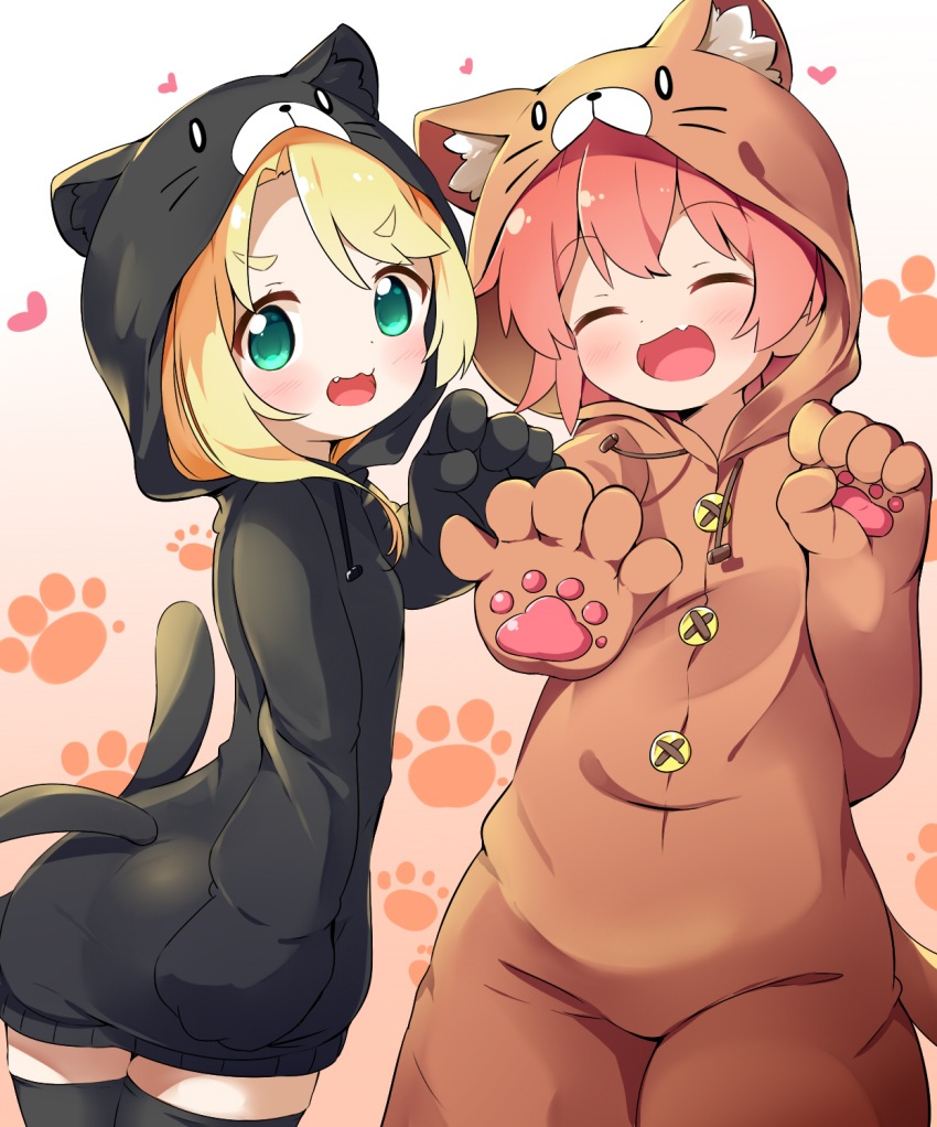 2girls :3 :d ^_^ animal_costume animal_ear_fluff animal_ears animal_hood black_legwear blonde_hair blush brown_background brown_hair cat_costume cat_ears cat_girl cat_hood cat_tail claw_pose closed_eyes commentary_request drawstring facing_viewer fake_animal_ears fake_tail fang gradient gradient_background green_eyes hand_up heart highres himesaka_noa hood hood_up hoshino_hinata long_hair makuran multiple_girls open_mouth smile tail thick_eyebrows thigh-highs v-shaped_eyebrows watashi_ni_tenshi_ga_maiorita! white_background