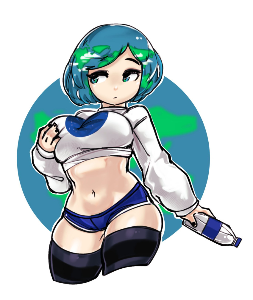 1girl bangs blue_eyes blue_hair bottle breast_lift breasts commentary crop_top cropped_legs deep_skin earth earth-chan english_commentary green_eyes green_hair grey_legwear highres large_breasts looking_away midriff multicolored multicolored_eyes multicolored_hair navel original personification short_hair short_shorts shorts solo striped striped_legwear sweater swept_bangs thigh-highs two-tone_hair water_bottle zana