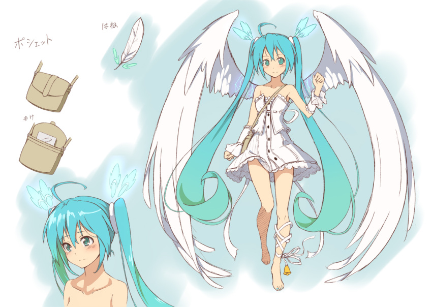 1girl ahoge ankle_bell aqua_eyes aqua_hair bag barefoot beek dress feathers full_body green_hair hatsune_miku long_hair solo strapless strapless_dress twintails very_long_hair vocaloid white_dress wings