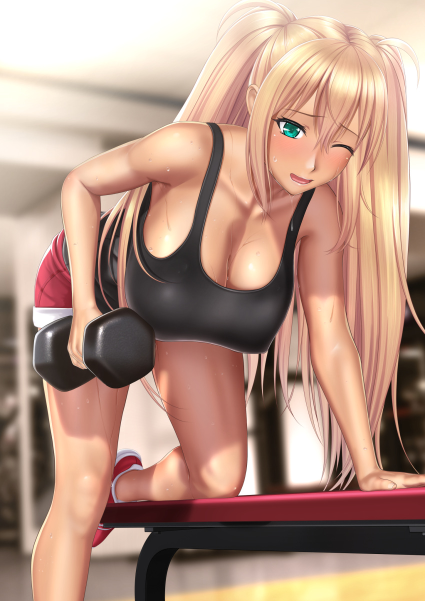 1girl black_shirt blonde_hair blurry blush breasts collarbone commentary_request danberu_nan_kiro_moteru? depth_of_field dogakobo dumbbell eyebrows_visible_through_hair green_eyes hair_between_eyes highres holding indoors large_breasts long_hair one_eye_closed open_mouth red_footwear sakura_hibiki_(danberu_nan_kiro_moteru?) shirt shoes shogakukan sleeveless sleeveless_shirt solo sweat tai_(2vs) tank_top twintails very_long_hair