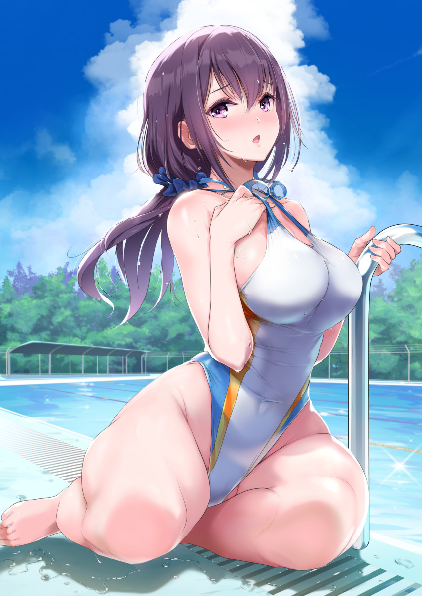 1girl bangs blush breasts clouds collarbone competition_swimsuit covered_navel crossed_bangs day drain_(object) eyebrows_visible_through_hair feet furrowed_eyebrows glint goggles goggles_around_neck groin hair_between_eyes hand_on_own_chest hands_up highleg highleg_swimsuit highres large_breasts long_hair looking_at_viewer low_ponytail nylon one-piece_swimsuit original parted_lips ponytail pool pool_ladder poolside purple_hair scrunchie sidelocks sitting sky solo swimsuit toes violet_eyes water wet white_swimsuit yokozuwari