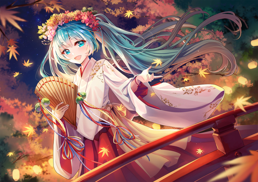 1girl aqua_eyes aqua_hair autumn_leaves fan floating_hair folding_fan hatsune_miku head_wreath highres japanese_clothes lalazyt leaf long_hair maple_leaf night open_mouth outdoors revision solo twintails very_long_hair vocaloid