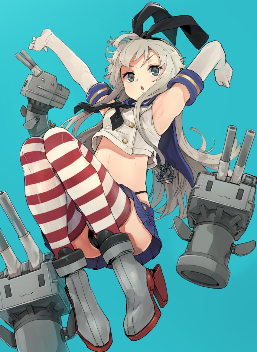 1girl :3 :o anchor_hair_ornament bangs black_hairband black_neckwear black_panties blonde_hair blue_background blue_sailor_collar blue_skirt chestnut_mouth crop_top elbow_gloves full_body gloves grey_eyes hair_ornament hairband highleg highleg_panties highres kantai_collection long_hair microskirt miniskirt neckerchief panties pleated_skirt rensouhou-chan rudder_footwear sailor_collar school_uniform serafuku shimakaze_(kantai_collection) simple_background skirt solo striped striped_legwear thigh-highs underwear wataro_(watawatawatapon) white_gloves