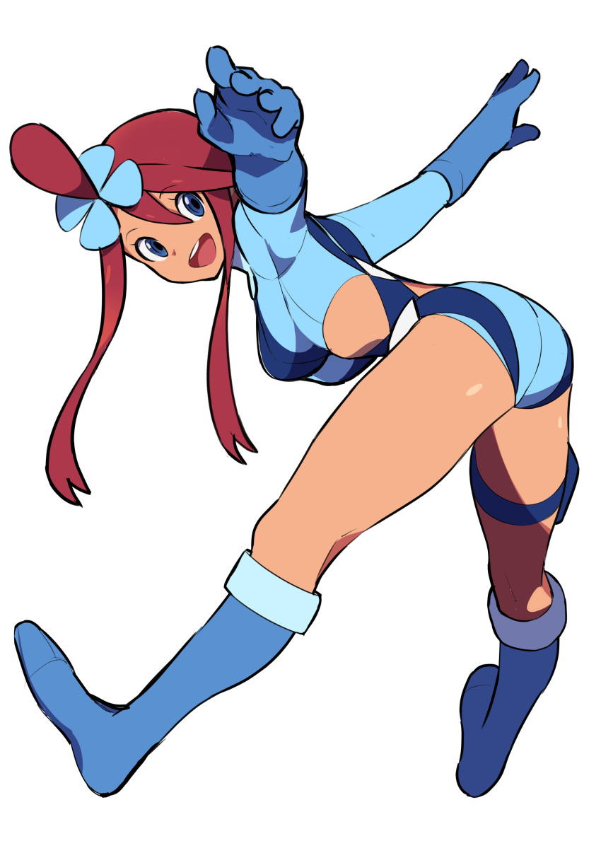 1girl absurdres ass bangs bent_over blue_eyes blue_footwear blue_gloves boots breasts fuuro_(pokemon) gloves gym_leader hair_between_eyes hair_ornament highres jikatarou large_breasts legs long_hair long_sleeves looking_at_viewer looking_back midriff open_mouth pokemon pokemon_(game) pokemon_bw redhead sidelocks simple_background smile solo suspenders thighs white_background