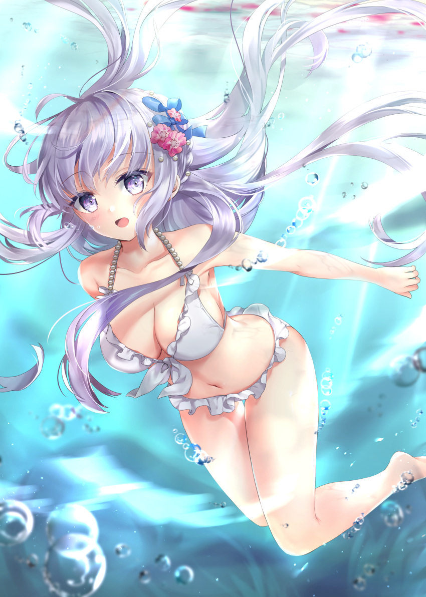 1girl absurdres bare_arms bare_shoulders bikini blue_eyes blue_ribbon breasts collarbone commentary_request eyebrows_visible_through_hair flower frills hair_flower hair_ornament hair_ribbon hane_yuki highres large_breasts long_hair looking_at_viewer navel original purple_hair red_flower ribbon smile solo swimsuit very_long_hair water white_bikini