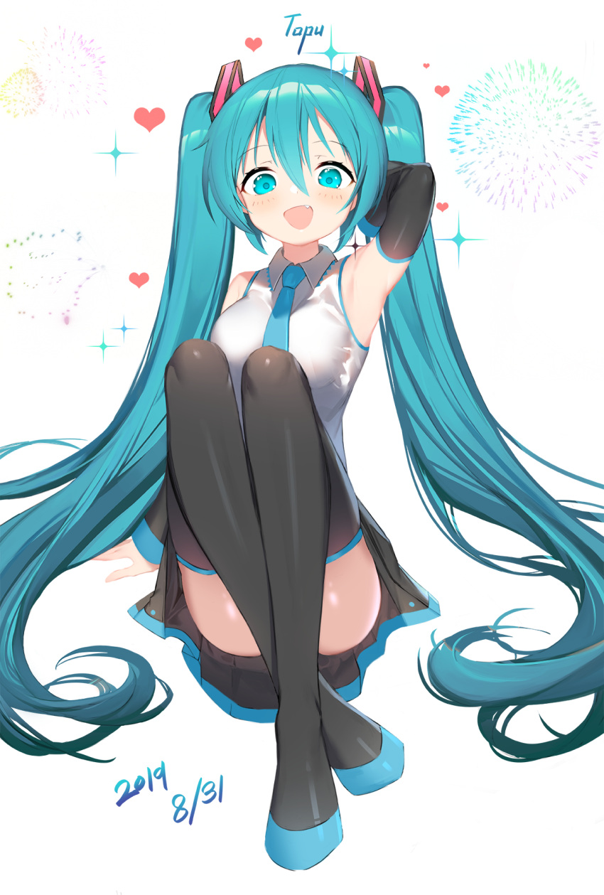 1girl :d aerial_fireworks arm_up armpits artist_name ass black_footwear black_skirt blue_eyes blue_hair boots breasts collared_shirt commentary_request convenient_leg dated detached_sleeves fang fireworks hair_ornament hatsune_miku heart highres knees_up long_hair long_sleeves looking_at_viewer medium_breasts miniskirt necktie open_mouth shirt sitting skirt smile solo sparkle thigh-highs thigh_boots tttanggvl twintails very_long_hair vocaloid white_shirt